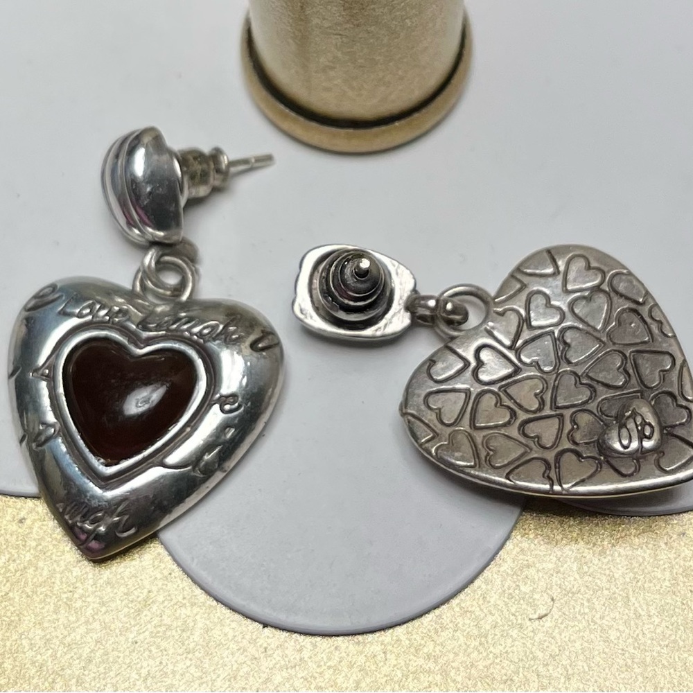 Brighton Love Laugh Heart Shape Silver Tone Dangle Post Earrings Retired item - Picture 3 of 5